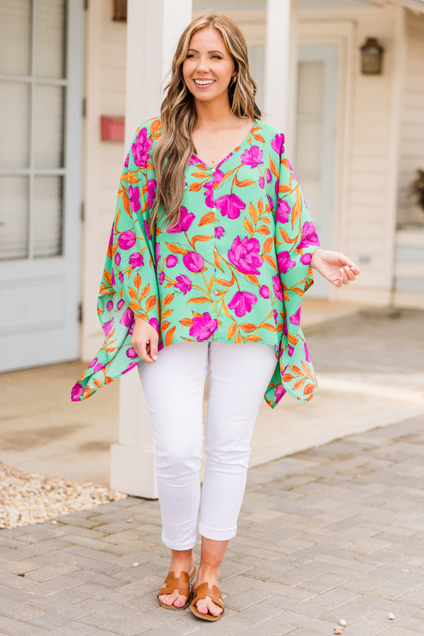 Chic Soul plus size clothing, green multi three quarter length sleeve button up detail top with floral print