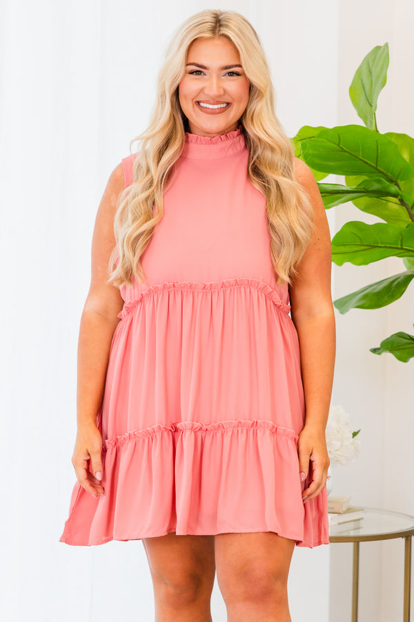 Chic Soul plus size clothing, sleeveless halter-neckline dusty pink baby doll dress with ruffles 