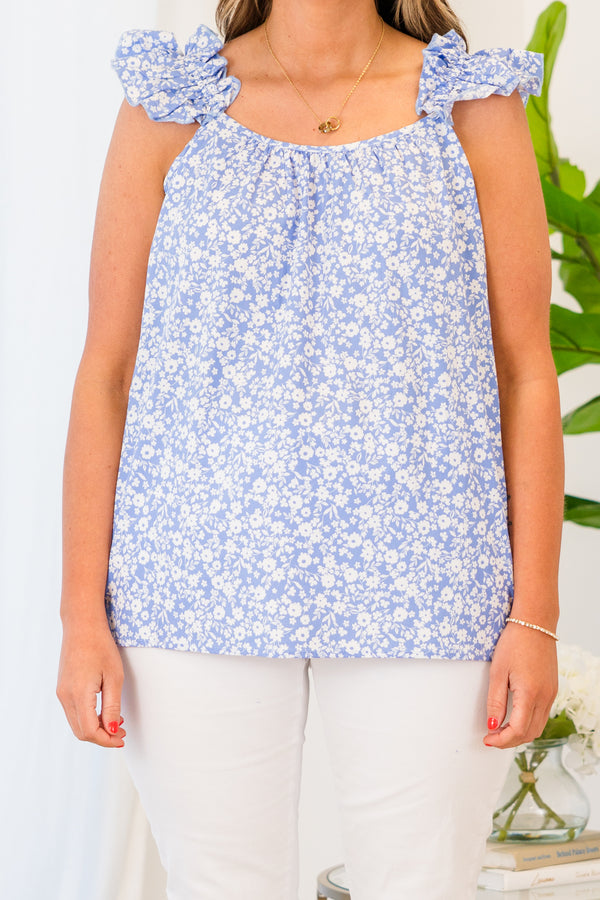 Chic Soul plus size clothing, blue sleeveless floral top with square neckline and ruffle straps