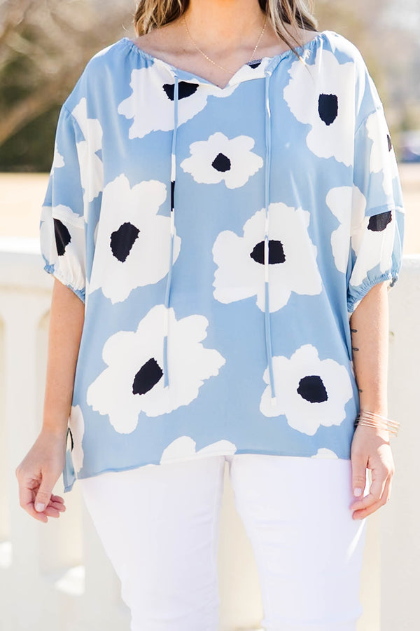 Chic Soul plus size clothing, blue top with large printed florals and balloon sleeves