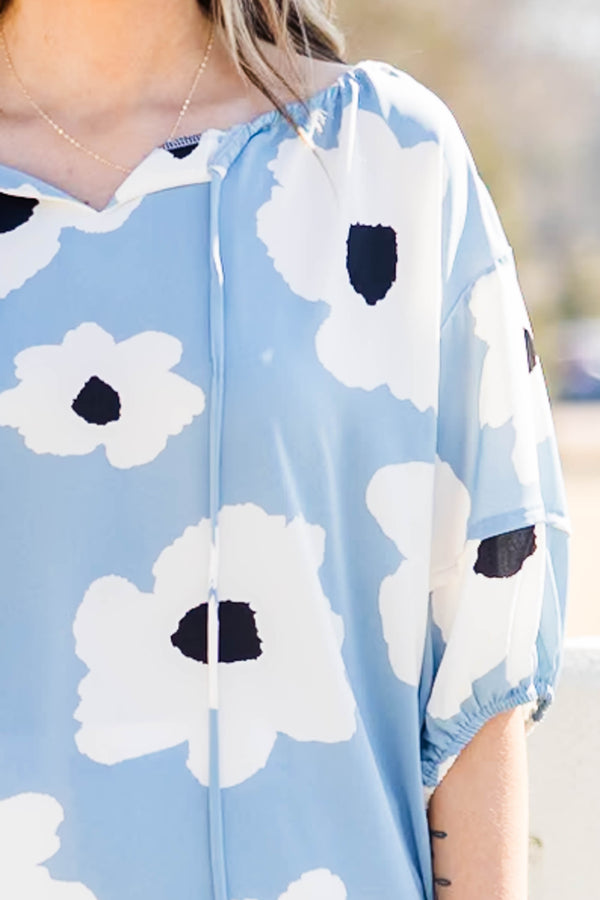 Chic Soul plus size clothing, blue top with large printed florals and balloon sleeves