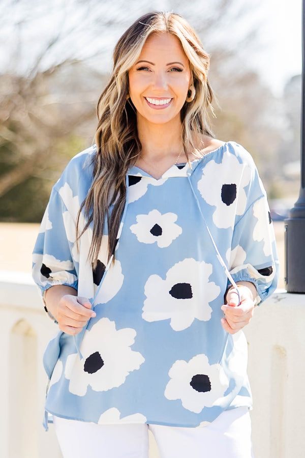 Chic Soul plus size clothing, blue top with large printed florals and balloon sleeves