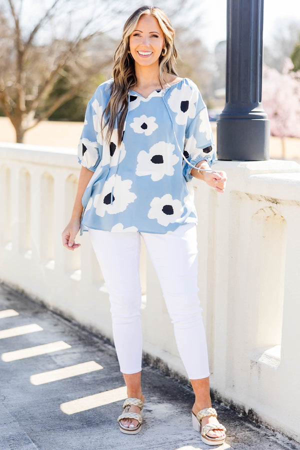 Chic Soul plus size clothing, blue top with large printed florals and balloon sleeves