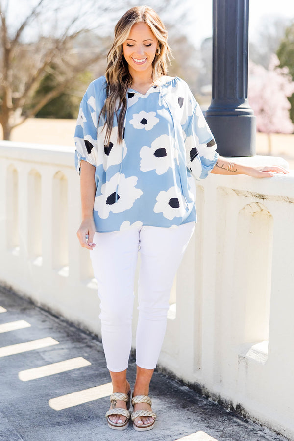 Chic Soul plus size clothing, blue top with large printed florals and balloon sleeves