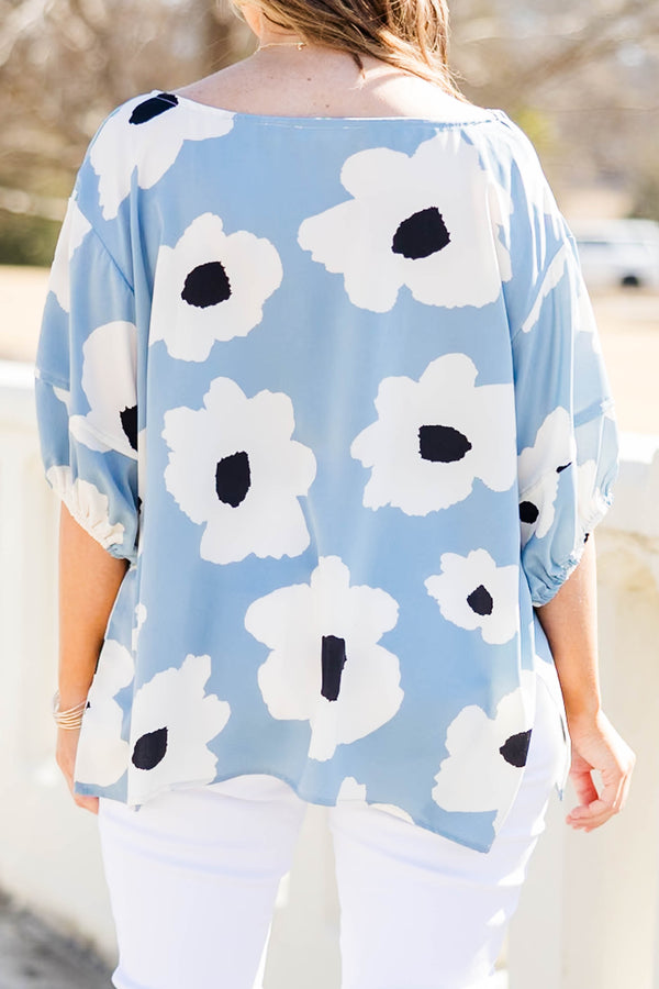 Chic Soul plus size clothing, blue top with large printed florals and balloon sleeves