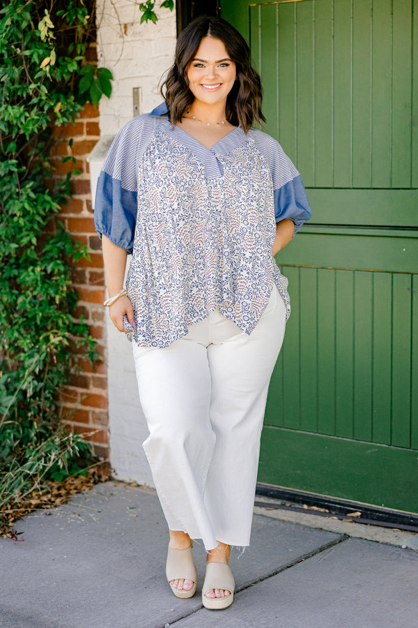 Chic Soul plus size clothing, short-puffed-sleeve denim colorblock top with a buttoned v-neckline and an abstract and striped pattern on the bodice and sleeves