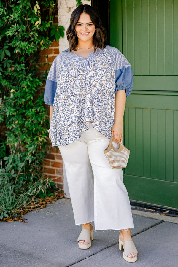 Chic Soul plus size clothing, short-puffed-sleeve denim colorblock top with a buttoned v-neckline and an abstract and striped pattern on the bodice and sleeves