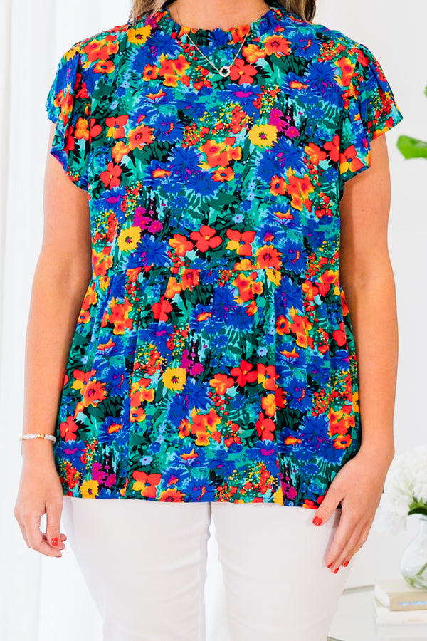 Chic Soul plus size clothing, multicolor floral pattern top with a cinched waistline and flutter sleeves