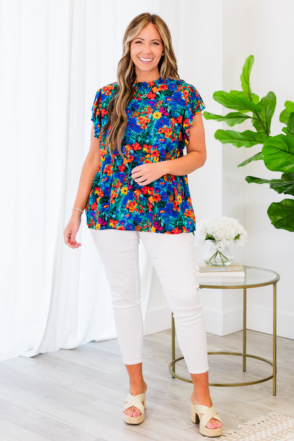 Chic Soul plus size clothing, multicolor floral pattern top with a cinched waistline and flutter sleeves