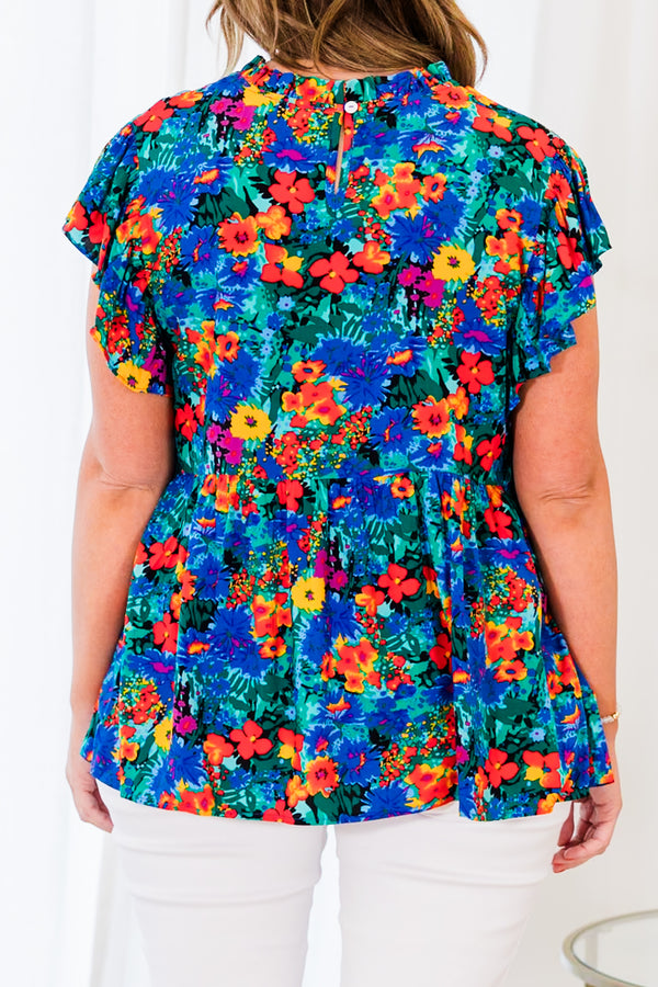 Chic Soul plus size clothing, multicolor floral pattern top with a cinched waistline and flutter sleeves