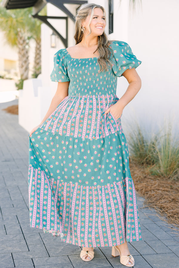 Chic Soul plus size clothing, jade green puff short sleeve maxi dress with floral pattern and vertical pink stripes in colorblock pattern and shirring along the top of the dress