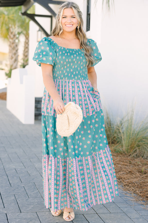 Chic Soul plus size clothing, jade green puff short sleeve maxi dress with floral pattern and vertical pink stripes in colorblock pattern and shirring along the top of the dress