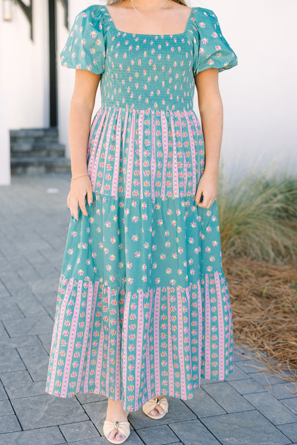 Chic Soul plus size clothing, jade green puff short sleeve maxi dress with floral pattern and vertical pink stripes in colorblock pattern and shirring along the top of the dress