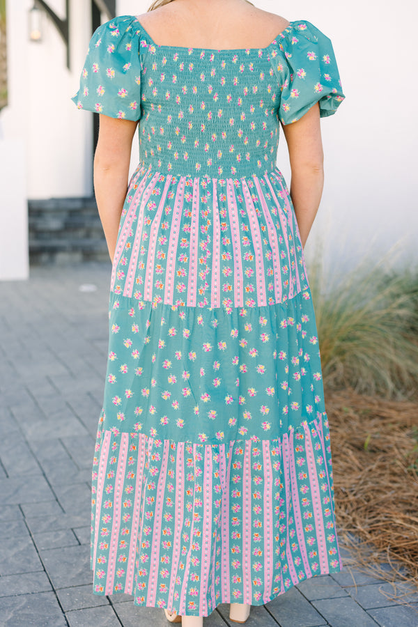 Chic Soul plus size clothing, jade green puff short sleeve maxi dress with floral pattern and vertical pink stripes in colorblock pattern and shirring along the top of the dress