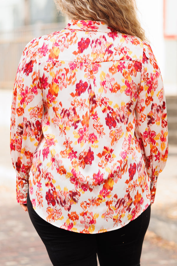 Chic Soul plus size clothing, ivory button down collared top with multicolor floral pattern