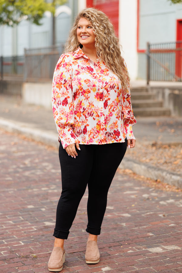 Chic Soul plus size clothing, ivory button down collared top with multicolor floral pattern