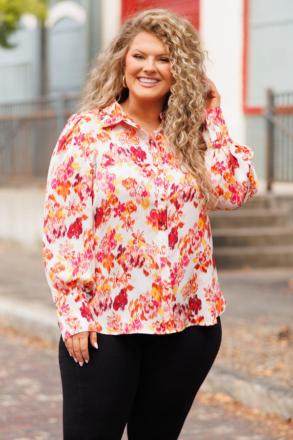 Chic Soul plus size clothing, ivory button down collared top with multicolor floral pattern