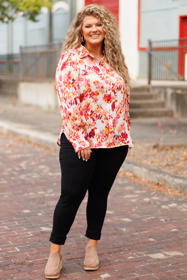 Chic Soul plus size clothing, ivory button down collared top with multicolor floral pattern