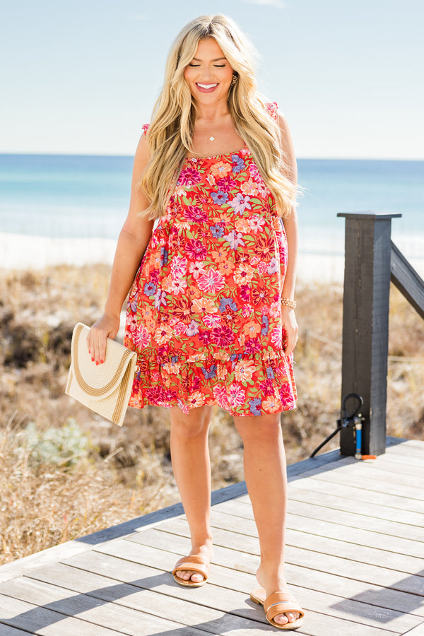 Chic Soul plus size clothing, tomato multi colored floral print mini dress with ruffle straps with square neckline with tiered detail with tie detail on the back
