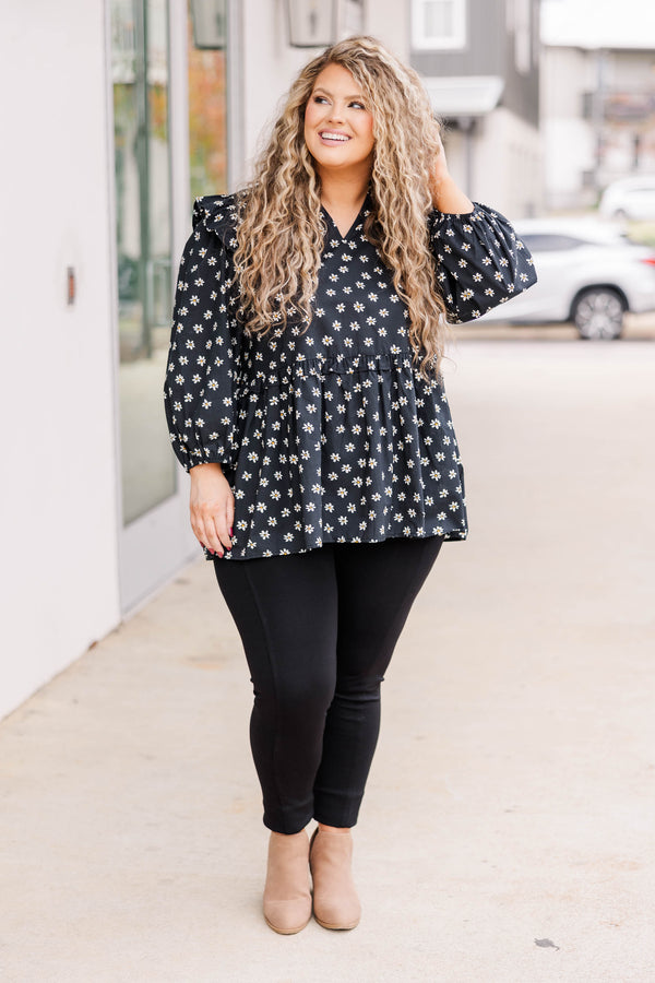 Chic Soul plus size clothing, black flowy floral top with a v neckline