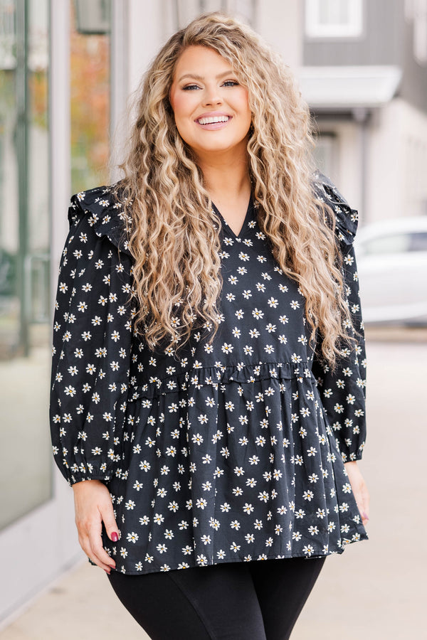 Chic Soul plus size clothing, black flowy floral top with a v neckline