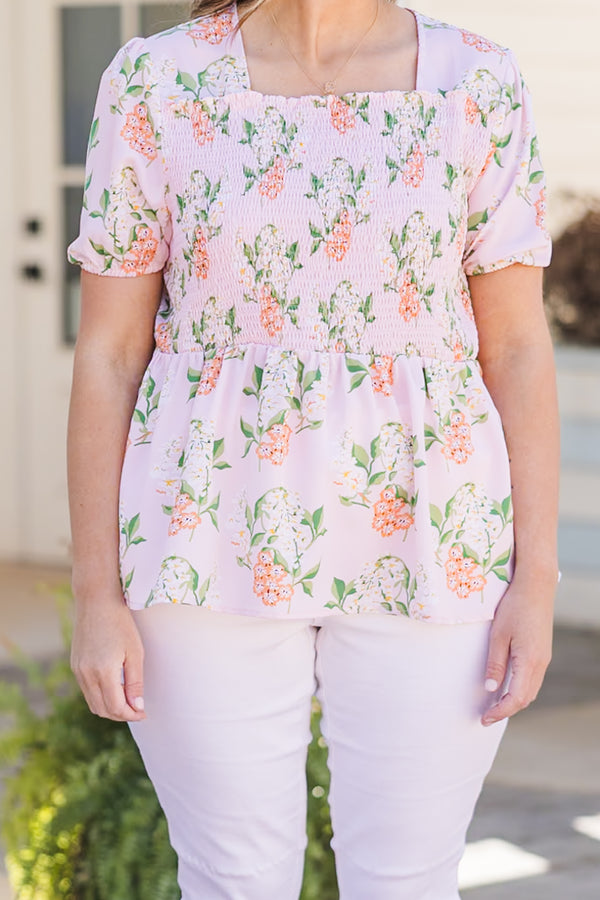 Chic Soul plus size clothing, pink short sleeve floral top with smocked chest area with square neckline