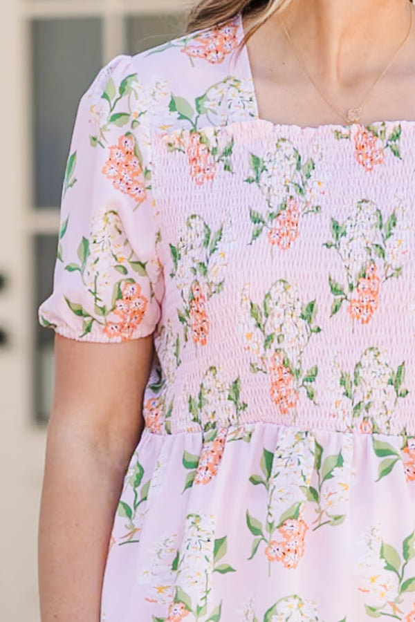 Chic Soul plus size clothing, pink short sleeve floral top with smocked chest area with square neckline