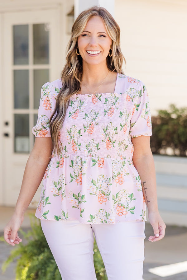 Chic Soul plus size clothing, pink short sleeve floral top with smocked chest area with square neckline