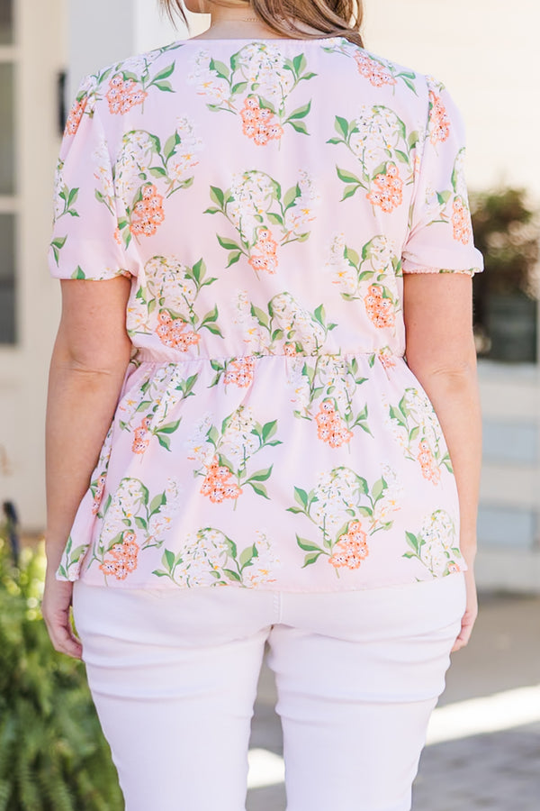 Chic Soul plus size clothing, pink short sleeve floral top with smocked chest area with square neckline