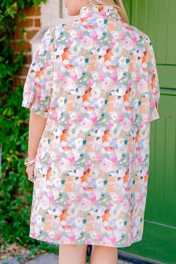 Chic Soul plus size clothing, pink multi colored short sleeve dress with an abstract floral pattern a high neck and a ruffle detailed collar 