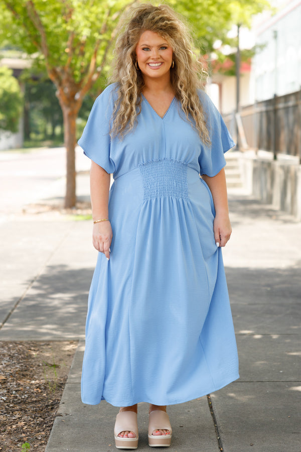 Chic Soul plus size clothing, blue babydoll flowy maxi dress with smocked detailing on the front