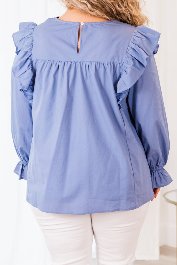 Chic Soul plus size clothing, blue long sleeve top with ruffle cuff sleeves with v neck detail and ruffle along shoulders