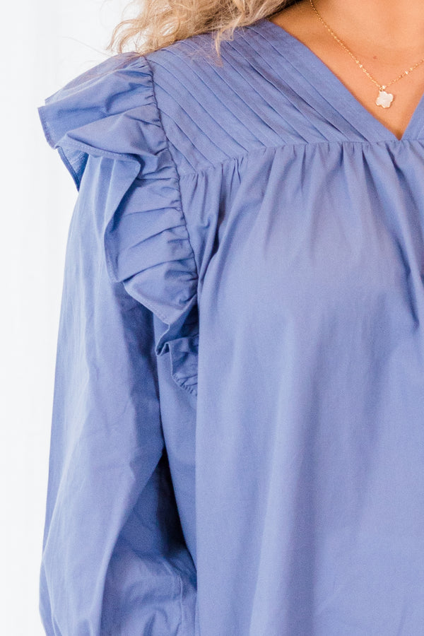 Chic Soul plus size clothing, blue long sleeve top with ruffle cuff sleeves with v neck detail and ruffle along shoulders