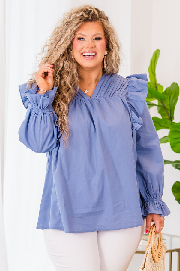 Chic Soul plus size clothing, blue long sleeve top with ruffle cuff sleeves with v neck detail and ruffle along shoulders