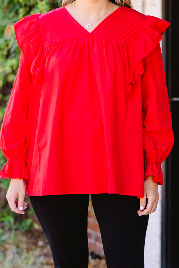 Chic Soul plus size clothing, long sleeve red top with ruffle flutter on shoulder with cuff sleeves and v neckline