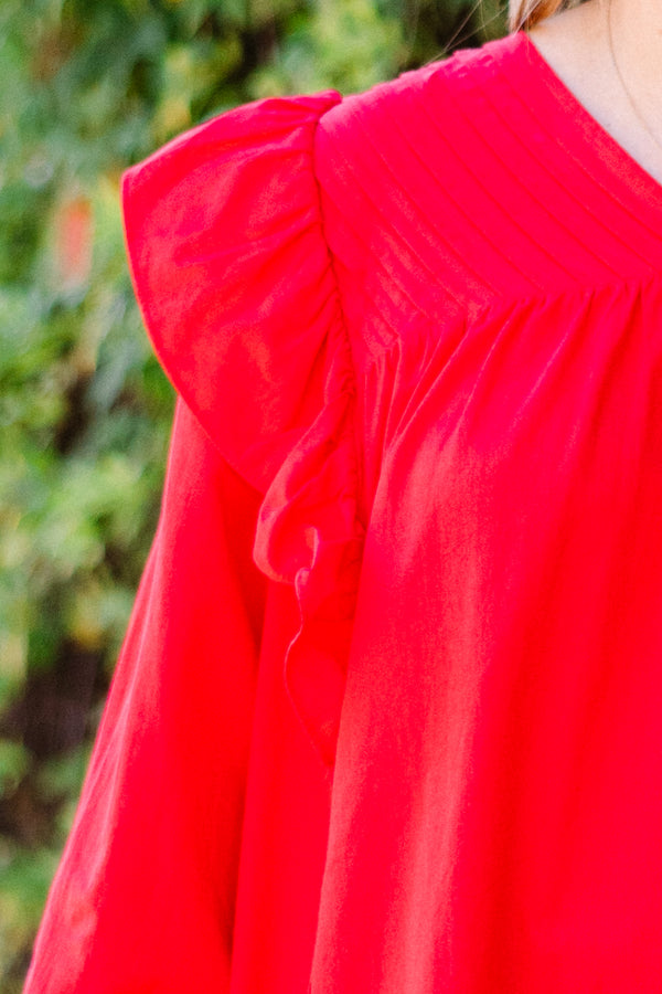 Chic Soul plus size clothing, long sleeve red top with ruffle flutter on shoulder with cuff sleeves and v neckline