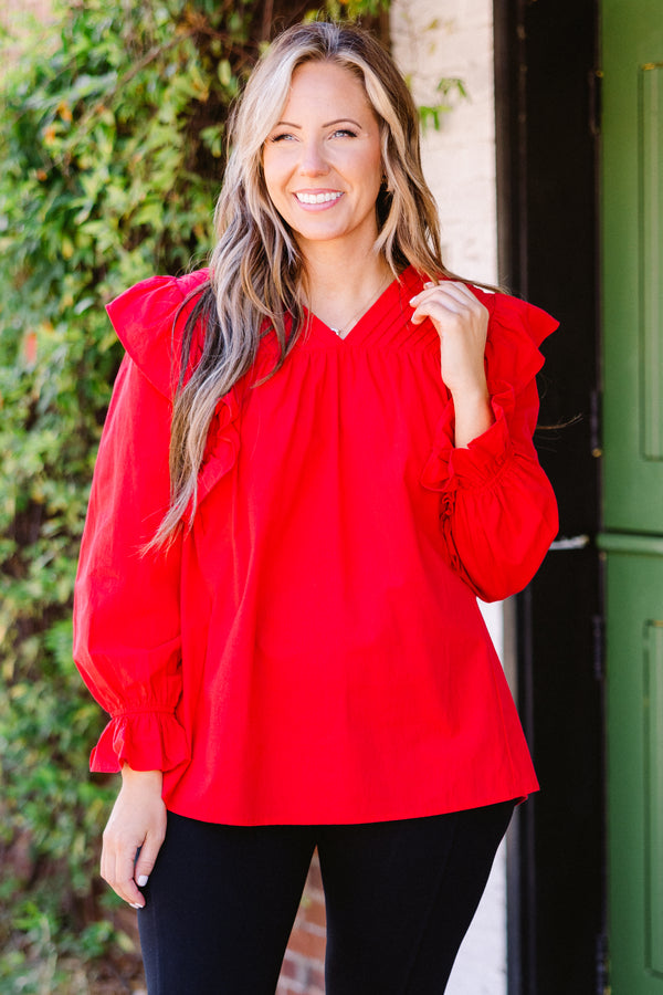 Chic Soul plus size clothing, long sleeve red top with ruffle flutter on shoulder with cuff sleeves and v neckline