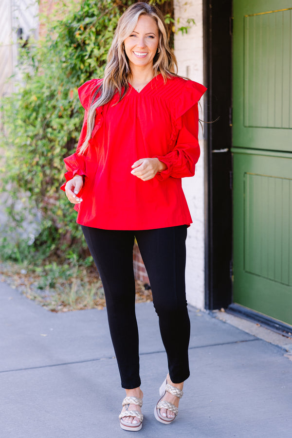 Chic Soul plus size clothing, long sleeve red top with ruffle flutter on shoulder with cuff sleeves and v neckline