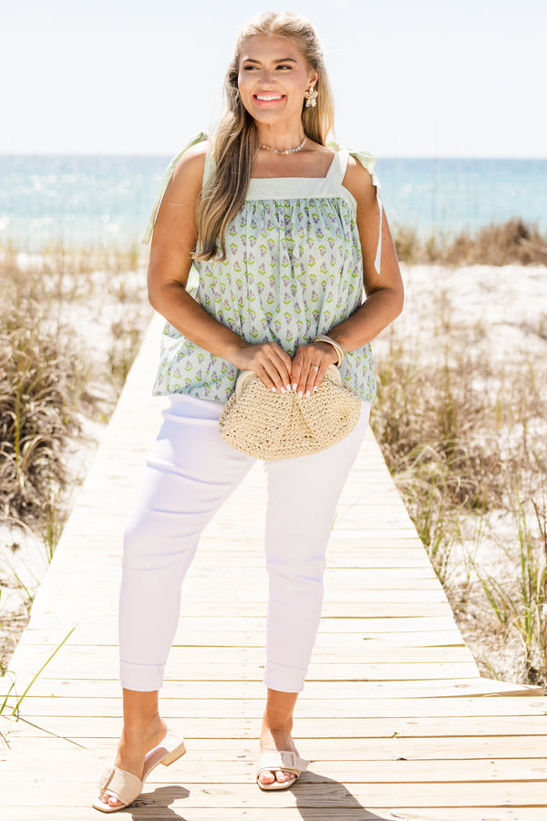 Chic Soul plus size clothing, green tank top with tied straps and a square-neckline with a green paisley pattern while the neckline and straps are a green striped pattern
