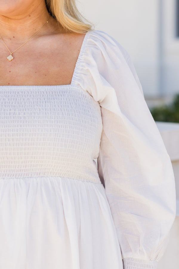 Chic Soul plus size clothing, white maxi dress with long bubble sleeves a square neckline and eyelet details starting right above the knee 