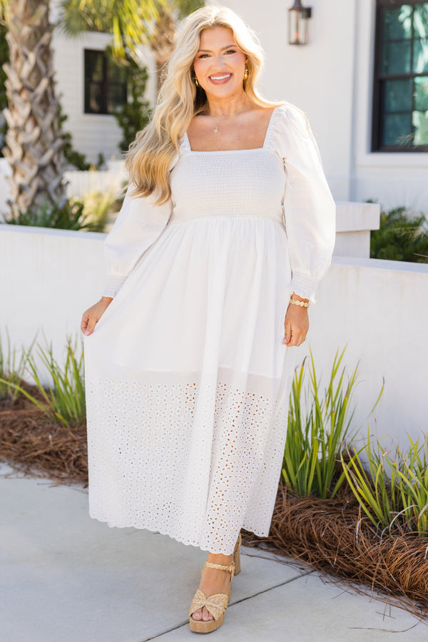 Chic Soul plus size clothing, white maxi dress with long bubble sleeves a square neckline and eyelet details starting right above the knee 