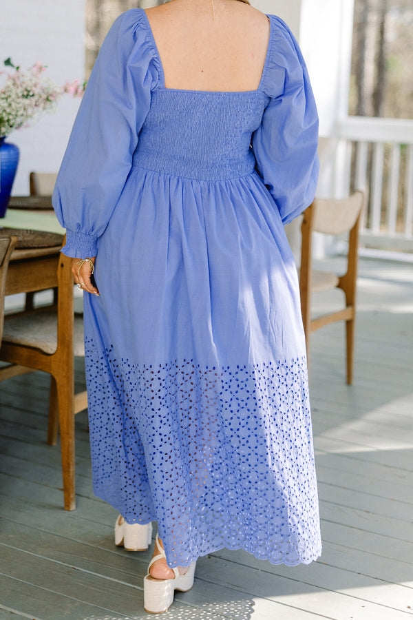 Chic Soul plus size clothing, blue long sleeve maxi dress with smocked top with square neckline and puff sleeves with eyelet detail along bottom