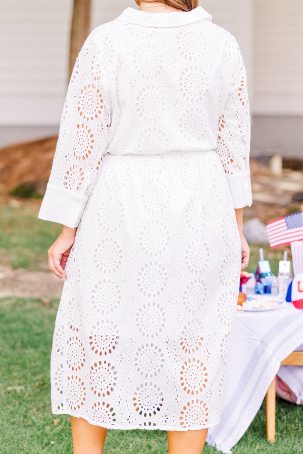 Chic Soul plus size clothing, quarter-sleeve collared layered midi dress with lace circular pattern and waist tie 