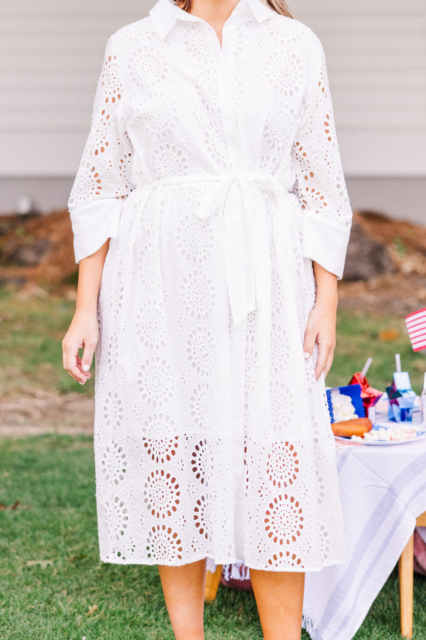 Chic Soul plus size clothing, quarter-sleeve collared layered midi dress with lace circular pattern and waist tie 