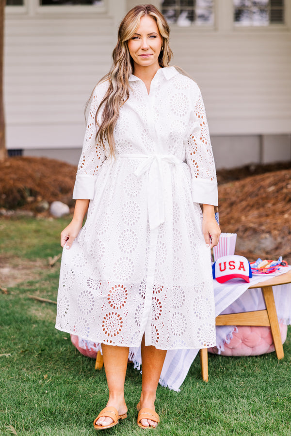 Chic Soul plus size clothing, quarter-sleeve collared layered midi dress with lace circular pattern and waist tie 