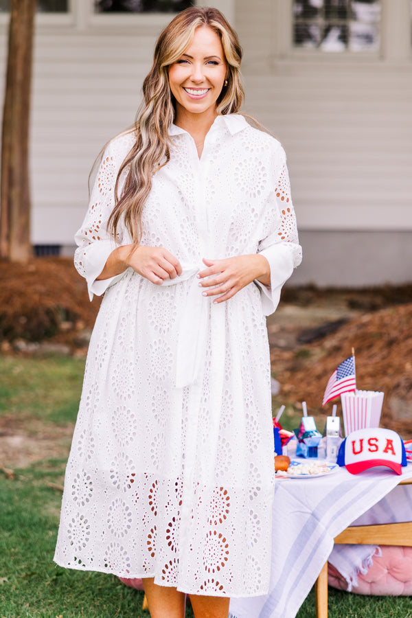 Chic Soul plus size clothing, quarter-sleeve collared layered midi dress with lace circular pattern and waist tie 
