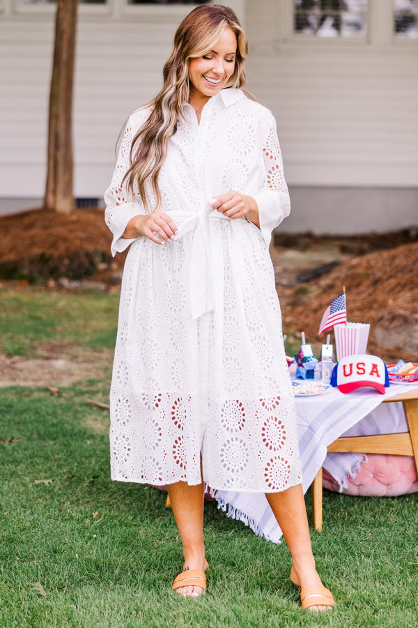Chic Soul plus size clothing, quarter-sleeve collared layered midi dress with lace circular pattern and waist tie 