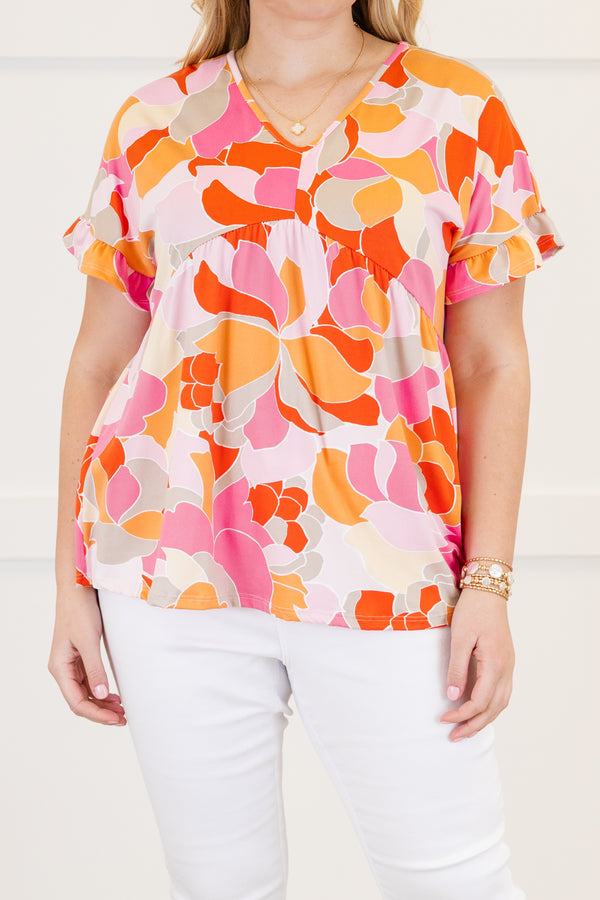 Chic Soul plus size clothing, Basic purple short sleeve babydoll top, with a multi-color abstract pattern, a ruffle accent at the end of the sleeves and a slight v-neck 
