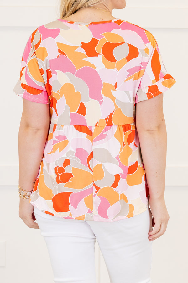 Chic Soul plus size clothing, Basic purple short sleeve babydoll top, with a multi-color abstract pattern, a ruffle accent at the end of the sleeves and a slight v-neck 
