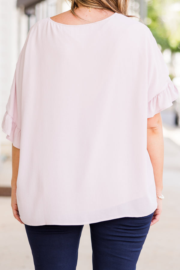 Chic Soul plus size clothing, light pink short sleeve flowy top with round neckline with ruffle detail on sleeves